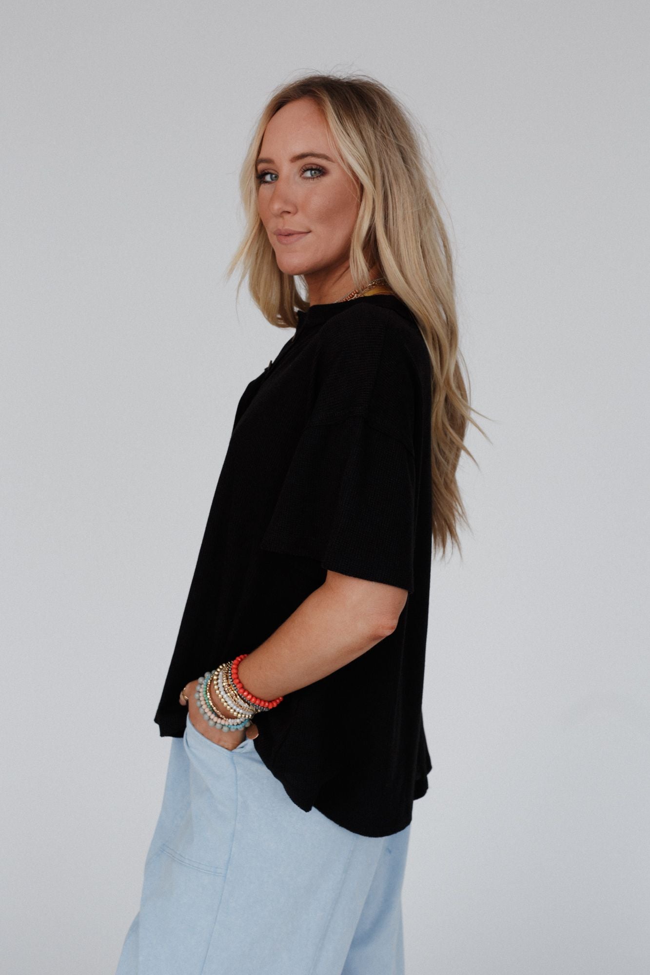 The Nest Soft Plume Henley Top - Black