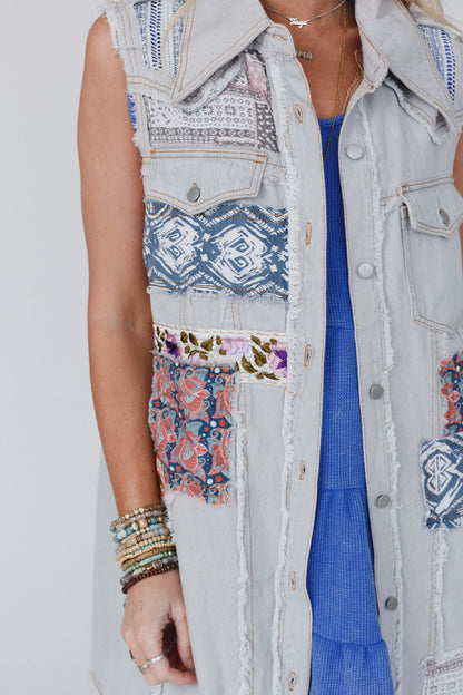One Of A Kind Sleeveless Denim Dress Vest - Denim Multi