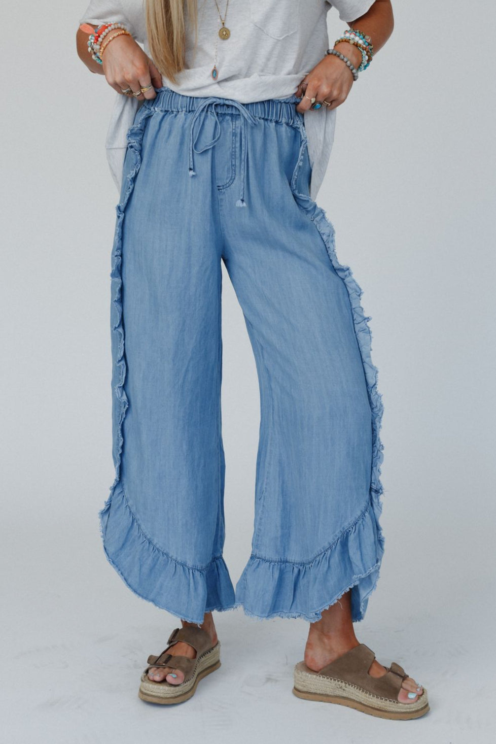 Drift Wave Ruffle Wide Leg Pants - Light Denim