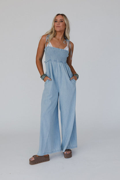 The Nest Last Call Smocked Jumpsuit - Light Wash