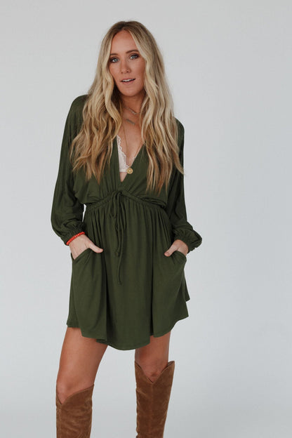 The Nest Sweet Vacay Long Sleeve Dress - Super Olive