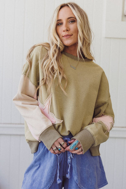 Starlit Soul Patchwork Pullover - Olive