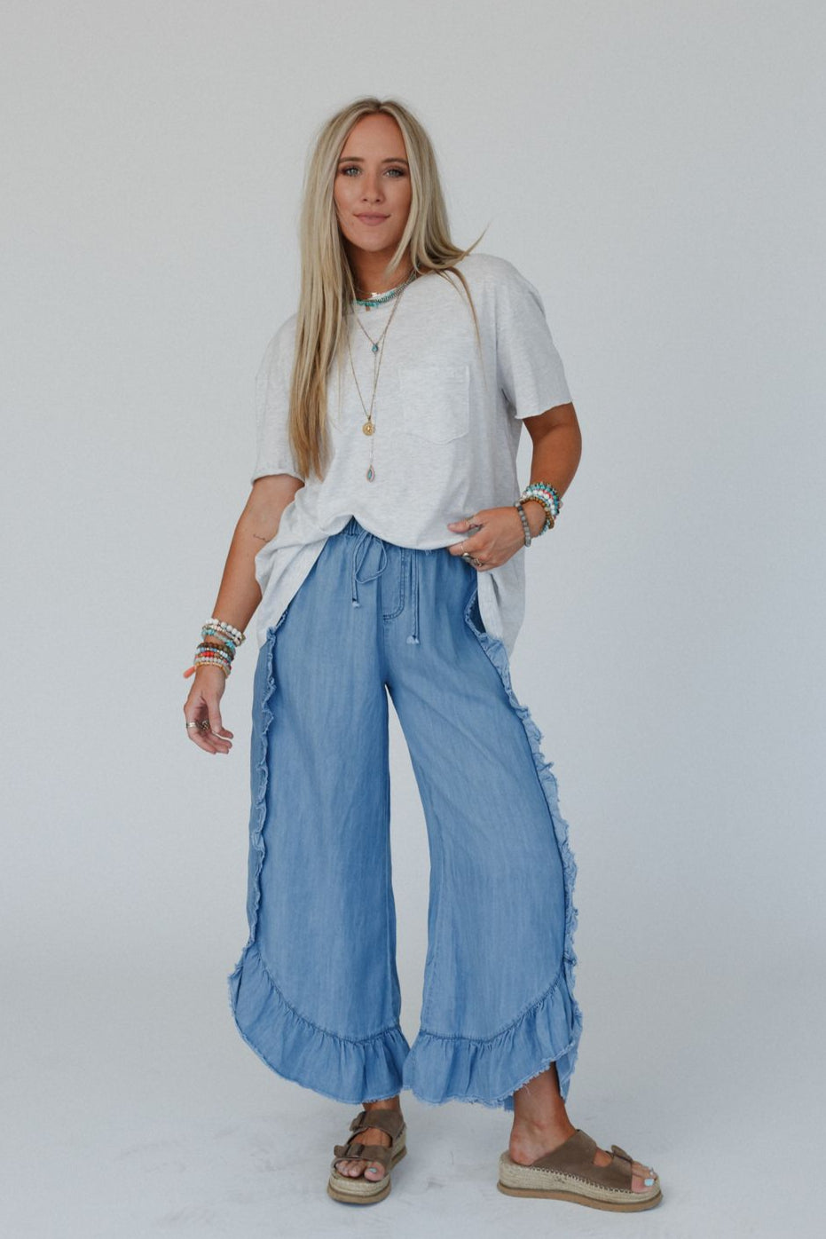 Drift Wave Ruffle Wide Leg Pants - Light Denim