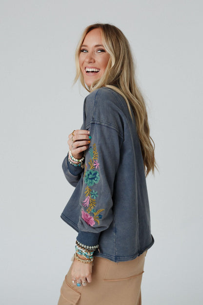 Floral Muse Embroidered Top - Blue