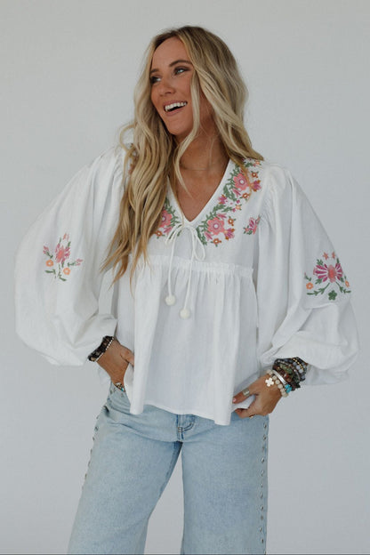 Whimsy Rose Embroidered Top - Ivory