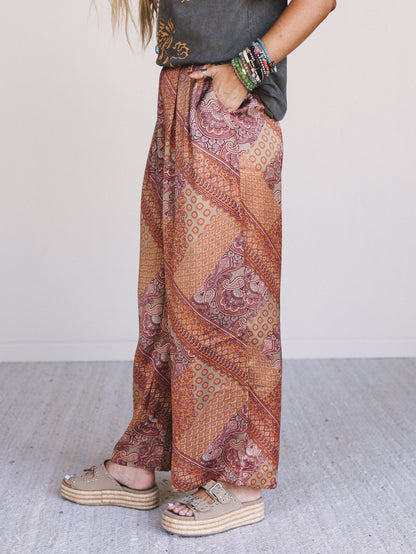Birch Paisley Wide Leg Pants - Hazelnut