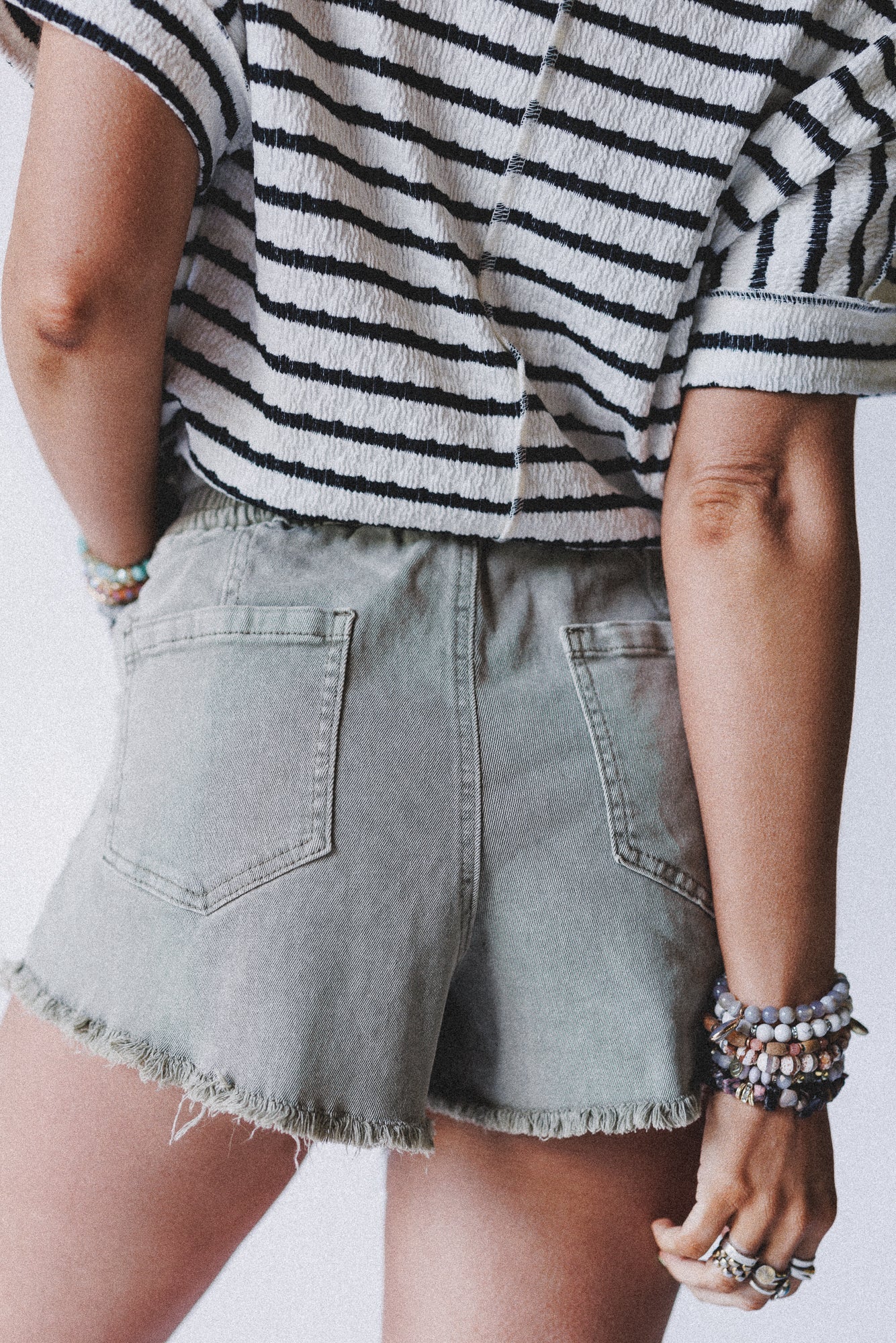 Open Sunroof Frayed Denim Shorts - Olive