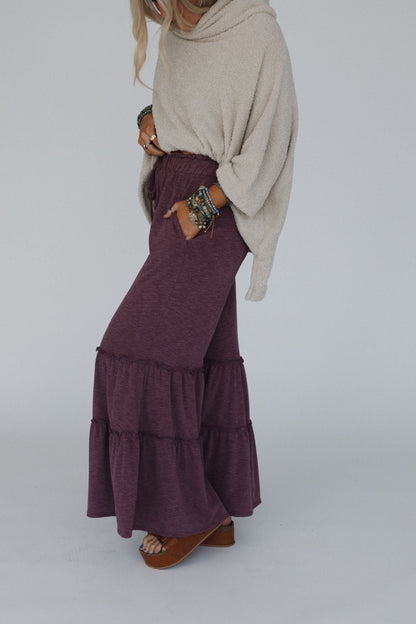 The Nest Milla Ruffled Wide Leg Pants - Burgundy