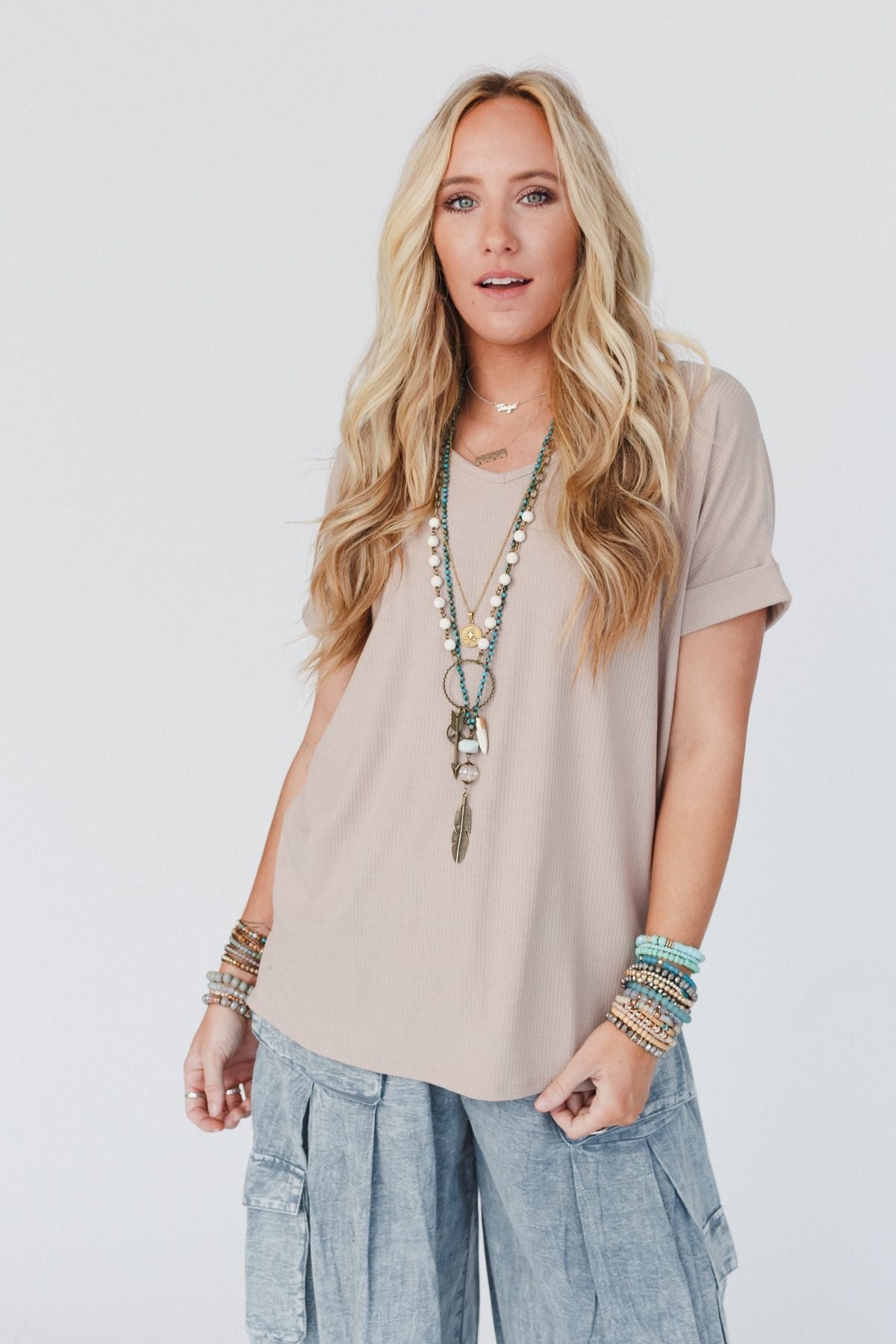 The Nest Classic V Neck Top - Sand